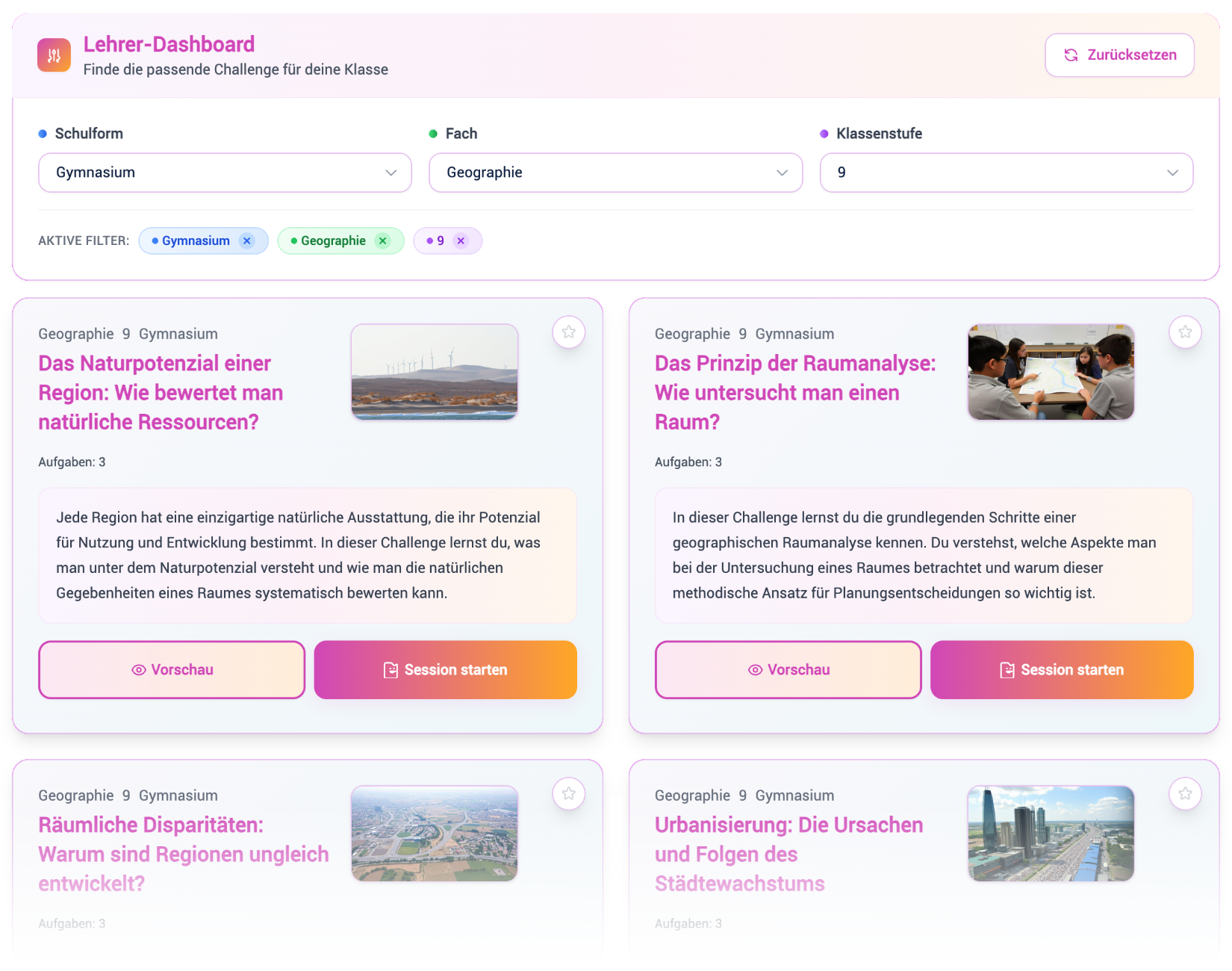 Screenshot der Challenge-Auswahl im Lehrer-Dashboard