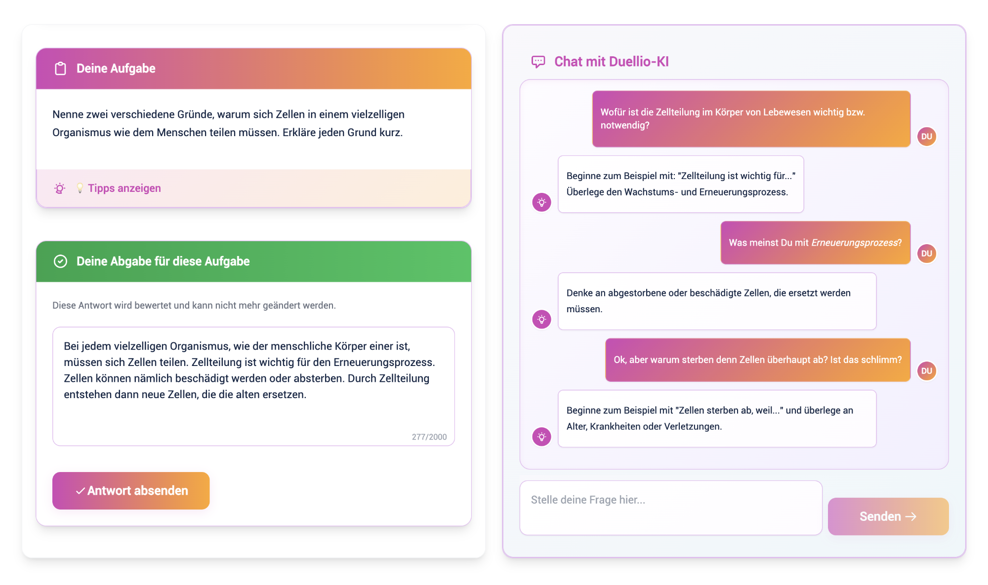 Screenshot der Duellio Schüler-Ansicht mit Aufgabenstellung, didaktischem KI-Chat und Antwortfeld